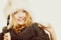 Winter fashion. Happy young woman in fur hat. Royalty Free Stock Photo