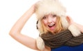 Winter fashion. Happy young woman in fur hat. Royalty Free Stock Photo