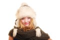 Winter fashion. Happy young woman in fur hat. Royalty Free Stock Photo