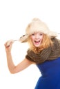 Winter fashion. Happy young woman in fur hat. Royalty Free Stock Photo