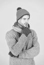 Winter fashion knitted clothes. Man knitted hat gloves and scarf winter fashion. Man wear knitted accessory turquoise Royalty Free Stock Photo