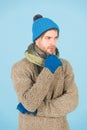 Winter fashion knitted clothes. Man knitted hat gloves and scarf winter fashion. Man wear knitted accessory turquoise Royalty Free Stock Photo