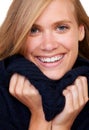 Winter, fashion and portrait of happy woman in studio with cool, trendy and comfortable outfit. Face, smile and female