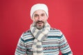 Winter fashion trends for mature adult. Mature man red background. Mature person in cold weather fashion style. Mature