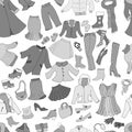 Winter fashion woman\'s collection - clothes, shoes and accessories. Seamless pattern, vector illustration, hand drawn