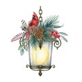 Winter festive cozy decoration. Red cardinal bird on a vintage style lamp winter decor. Watercolor painted illustration