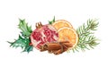 Winter festive floral decor. Watercolor illustration. Hand drawn wintertime decoration. Orange slices, pine, cinnamon