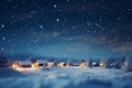 Winter festive landscape with village and white snow-covered trees