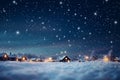 Winter festive landscape with village and white snow-covered trees