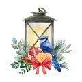 Winter festive vintage style decor. Watercolor illustration. Hand drawn retro candle lantern, blue jay bird, pine and