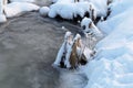 Winter in Finland: Frozen River with Dead Herbaceous Plants Royalty Free Stock Photo