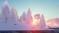 Winter fir forest and frozen lake at sunset Royalty Free Stock Photo