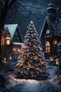 winter, fir tree decorated for Christmas or New Year\'s holiday, a house in dark night forest, snow, streetlights, festive Royalty Free Stock Photo