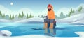 Winter fishing background. Fisherman with rod sitting on ice and fishing exact vector template