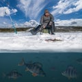 Winter fishing concept. Fisherman in action. Catching perch fish from snowy ice at lake above troop of fish. Double view under