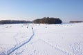 Winter fishing on frozen reservoir Royalty Free Stock Photo