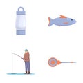 Winter fishing icons set cartoon vector. Fisherman fishing with equipment