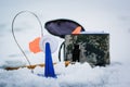 Winter fishing on the lake and fishermen on the ice in the background. Royalty Free Stock Photo