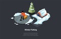 Winter Fishing, Personal Hobby Concept. Fisherman on Lake Fishing Through a Hole. Character Relaxing Outdoors With Rod Royalty Free Stock Photo