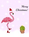 Winter flamingo in Santa hat and shoes. Merry Christmas and Happy New Year vertical greeting card. Watercolor decoration