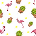 Seamless pattern with christmas cactus and winter flamingo in Santa hat and shoes. Christmas design for cards