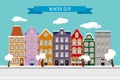 Winter Flat city landscape with European building facades. Cute retro houses exterior. Traditional architecture of