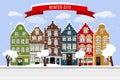 Winter Flat city landscape with European building facades. Cute retro houses exterior. Traditional architecture of