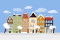 Winter Flat city landscape with European building facades. Cute retro houses exterior. Traditional architecture of