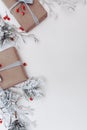 Winter flat lay with natural branches. leaves and presents on light background