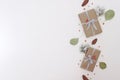 Winter flat lay with natural branches. leaves and presents on light background