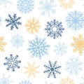 Winter flat snowflakes seamless pattern. Frozen snowflake simple fabric print, christmas holiday symbols. New year