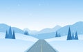Winter flat snowy Mountains landscape with road, pines and hills