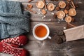 Winter flatlay with cozy home sweater, mittens, cup of tea and spices for mulled wine