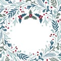 Winter flora round frame. Vector card template. Christmas design