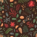 Winter flora vector seamless pattern. Hand drawn poinsettia flower, coniferous twigs and orange slices on dark