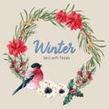 Winter floral blooming wreath frame elegant for decoration vintage beautiful, creative watercolor vector illustration design Royalty Free Stock Photo