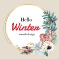 Winter floral blooming wreath frame elegant for decoration vintage beautiful, creative watercolor vector illustration design Royalty Free Stock Photo