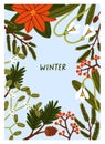 Winter floral natural card design. Season garden background, botanical postcard with fir tree branch, berries, holiday