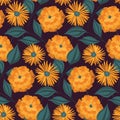 Seamless floral pattern with large yellow flowers on a dark background. Vector. Royalty Free Stock Photo