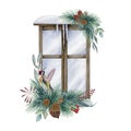 Winter floral scene watercolor illustration. Season festive decoration with vintage snowy window and floral arrangement.