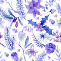 Winter floral watercolor Christmas seamless pattern with tree br Royalty Free Stock Photo
