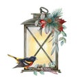 Winter floral watercolor illustration. Season festive decoration with vintage metal lamp and floral arrangement.