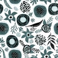 Winter florals seamless vector background. Flowers and leaves blue white mint repeating pattern. Textured hand drawn