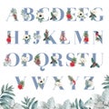 Winter flowers Alphabet San-serif font typographic design floral blooming with plants beautiful concept,creative watercolor vector