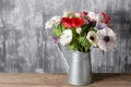 Winter flowers. Anemones in a vase watering can standing on a wooden table. On the background old gray wall art. copy Royalty Free Stock Photo