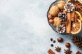 Winter food ingredients nuts cones oranges cinnamon star anise i