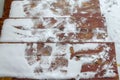 The problem of snow removal in the city. The steps are icy, covered with snow. footprints in the snow. Winter, heavy snow Royalty Free Stock Photo