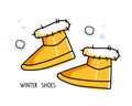 Winter footwear with winter shoes inscription. Sheepskin fur boots. Linear Vector sketch icon isolated on white