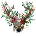 Winter forest animal Christmas watercolor backgroun. Wild deer illustration.