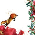 Winter forest animal Christmas watercolor backgroun. Wild fox illustration